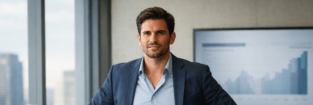 Man presenting in a business meeting with colleagues listening