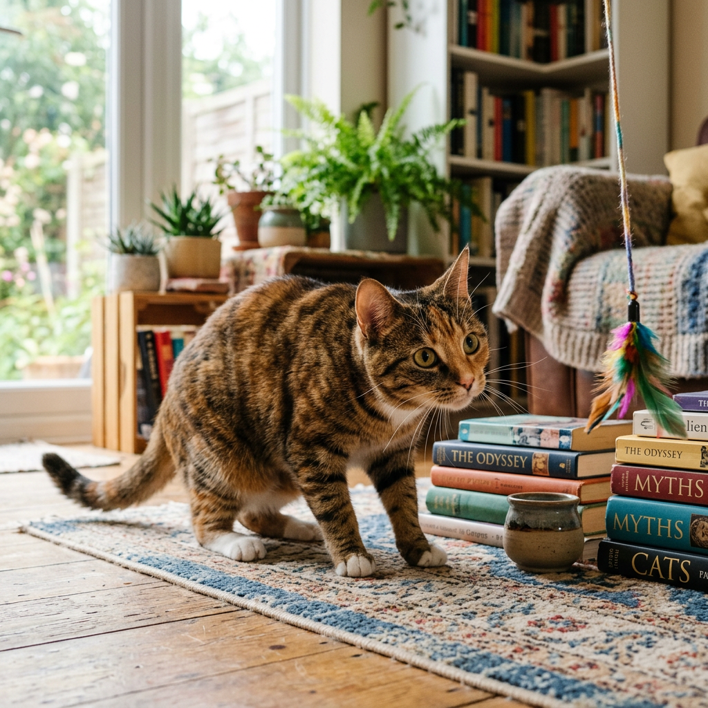 Tabby cat crouching on a rug near a feather toy and stacked books