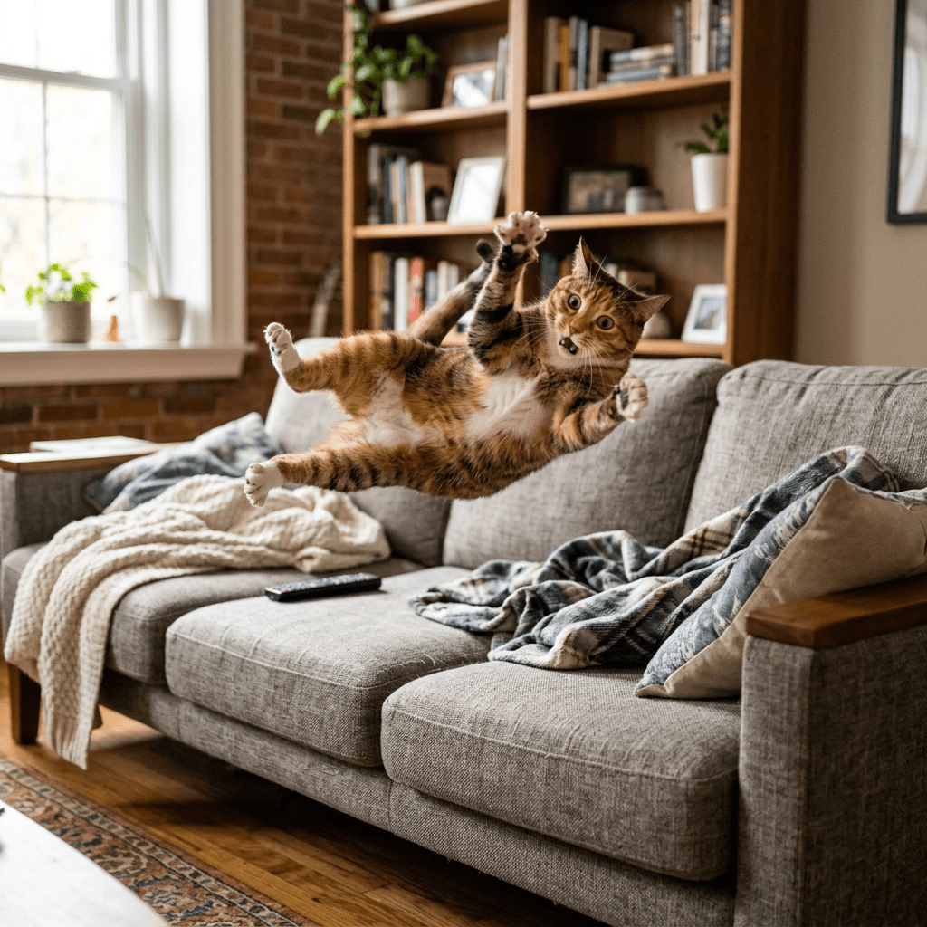 Tabby cat leaping mid-air with surprised expression over gray couch