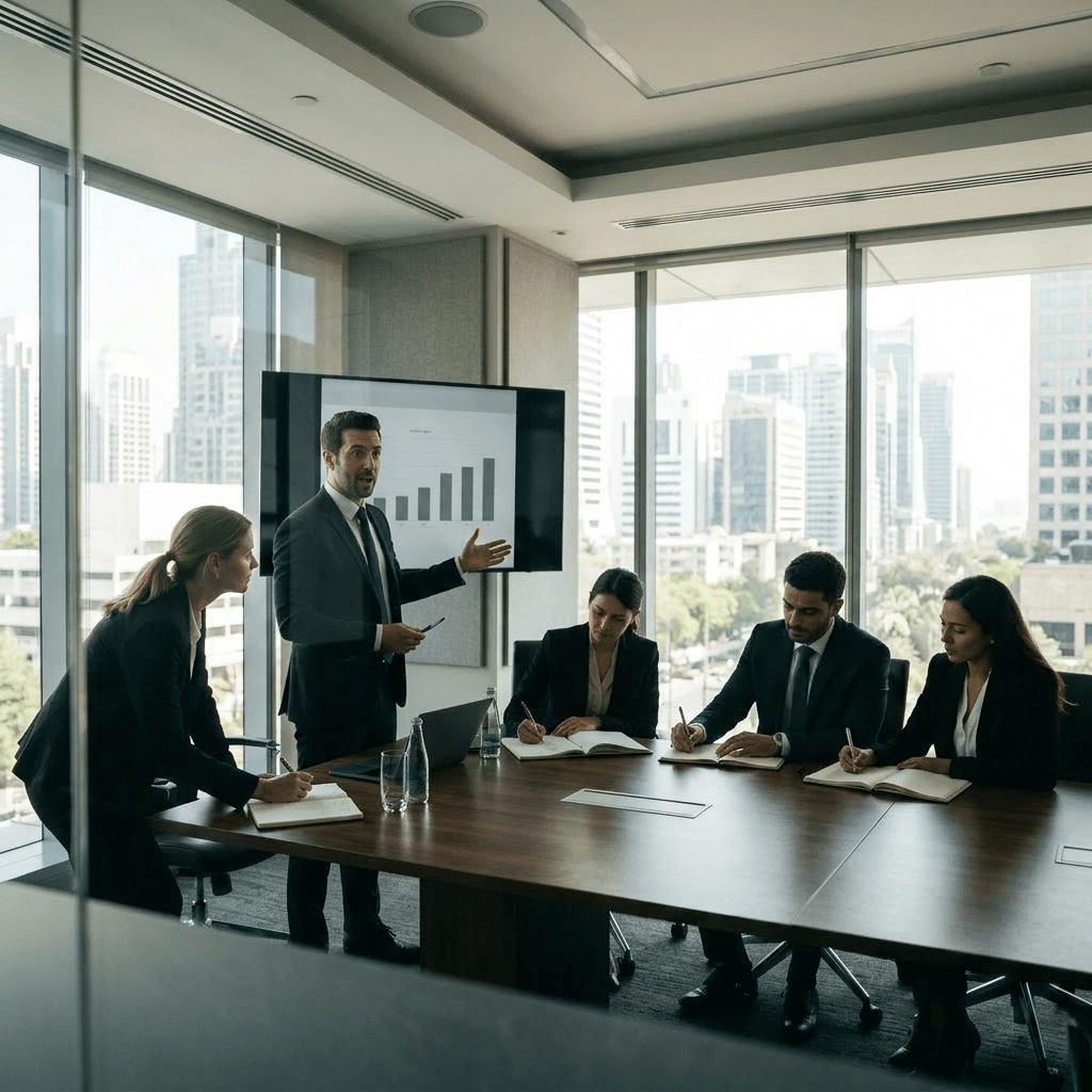 Businessman presenting bar chart to four colleagues in office meeting