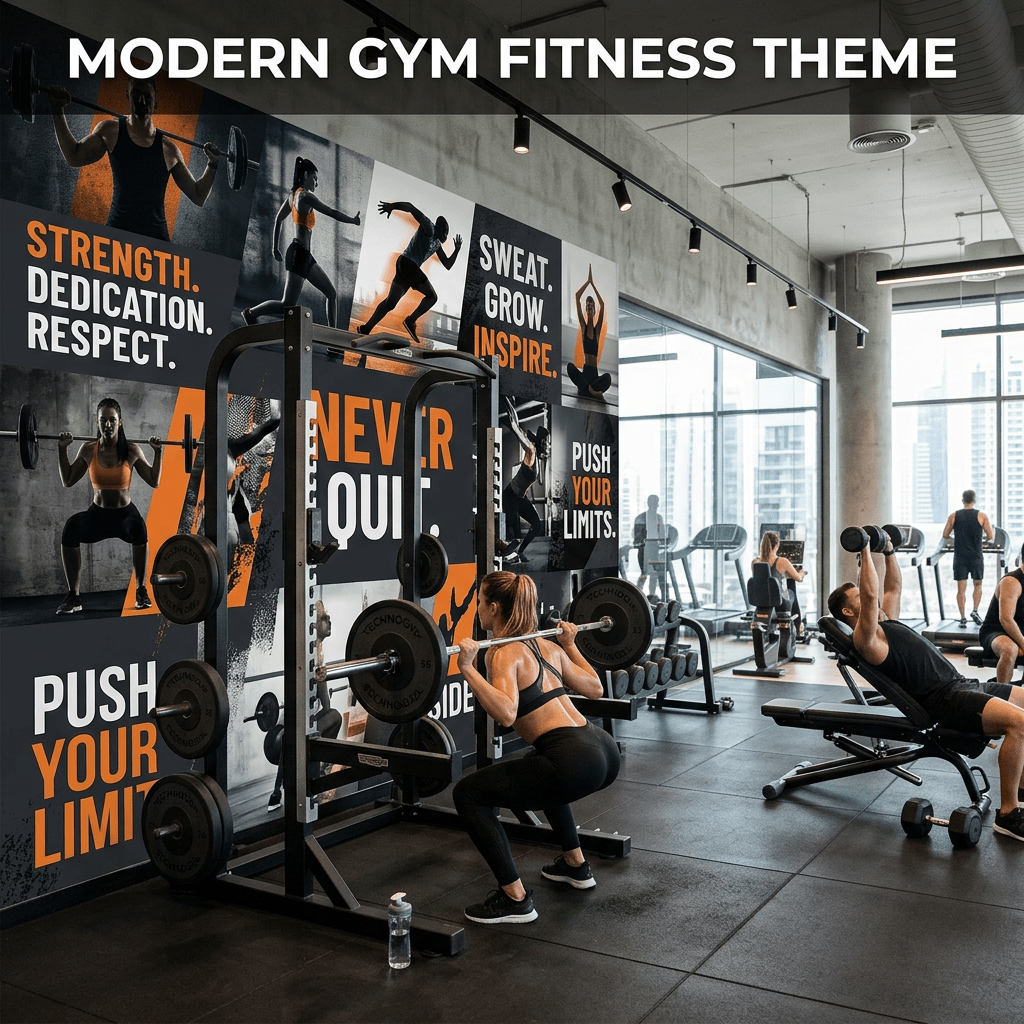 People exercising in a modern gym with motivational fitness posters on the wall