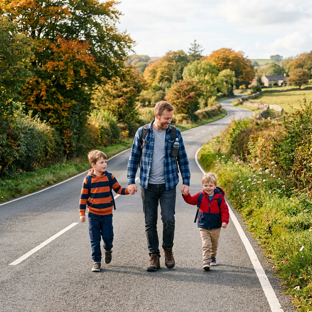 Father holding hands with two young boys walking on a rural road surrounded by autumn trees