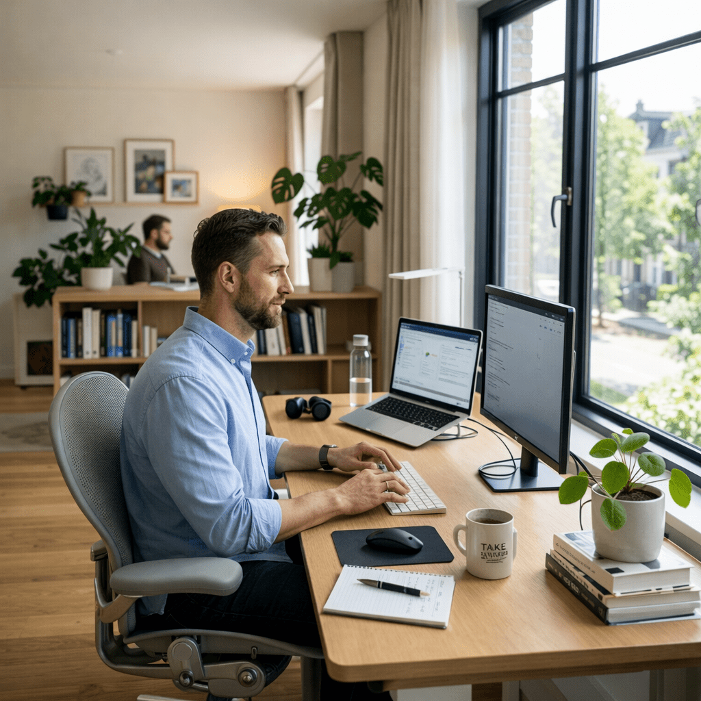 Woman typing at desk with laptop and monitor in bright home office