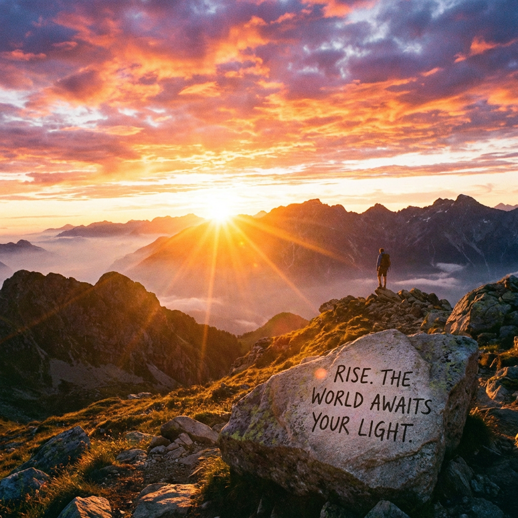Hiker at mountain sunrise with text: RISE. THE WORLD AWAITS YOUR LIGHT.