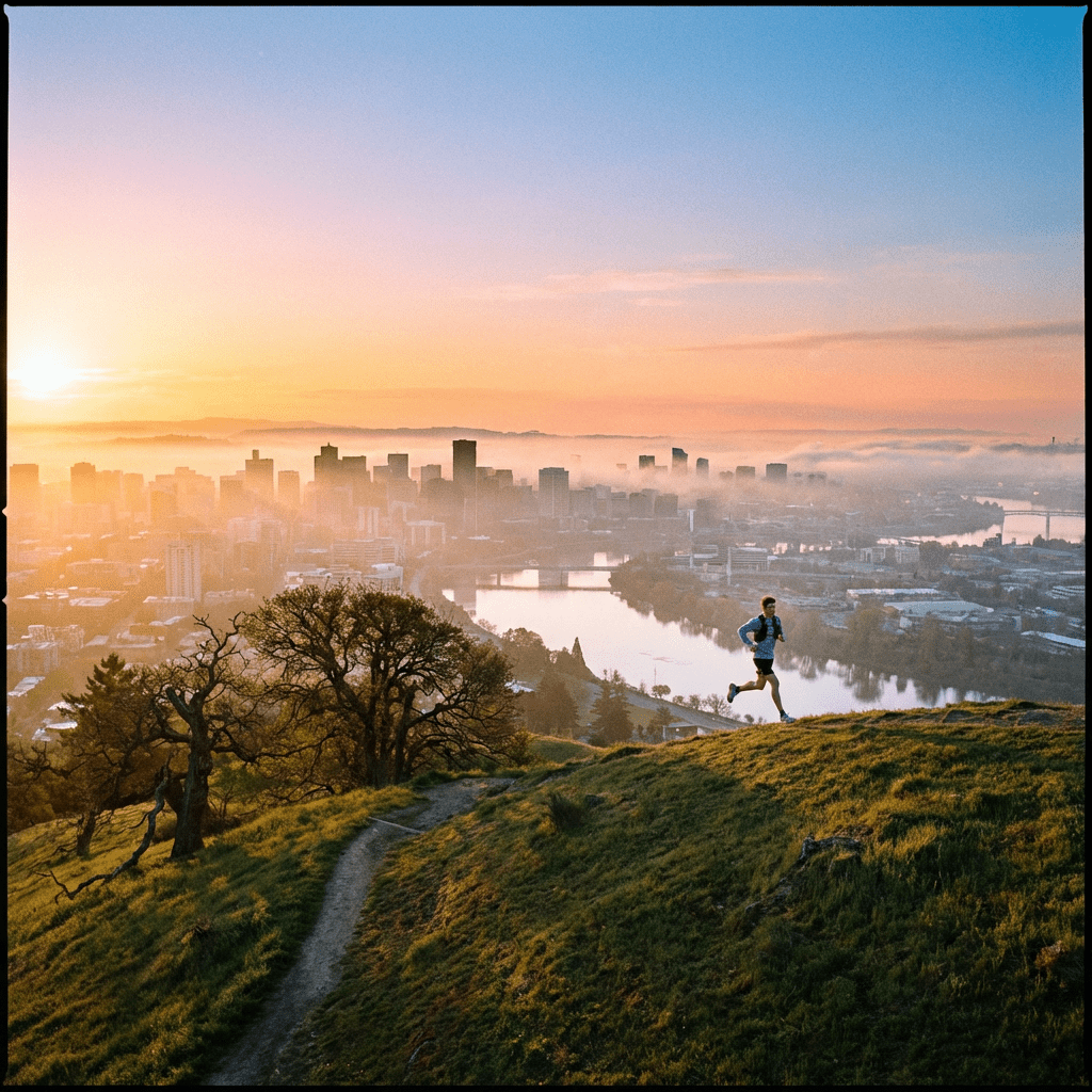 A person running on a grassy ridge overlooking a misty city at sunrise.